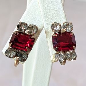 Vintage Gold & Red Rhinestone Screw Back Earrings